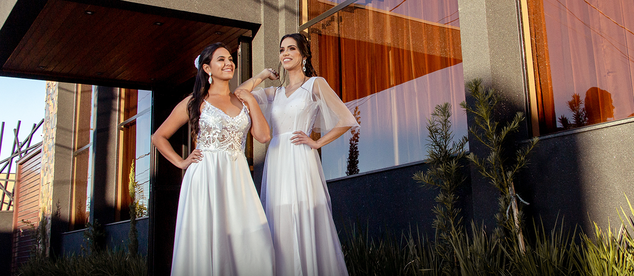 Ensaio fotográfico com nova linha de vestidos de noivas marca pré lançamento de espaço para festas em Bauru